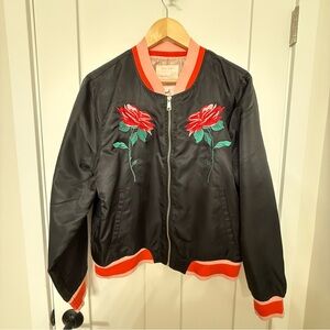 ban.do Black Bomber Jacket with Red Floral Embroidery